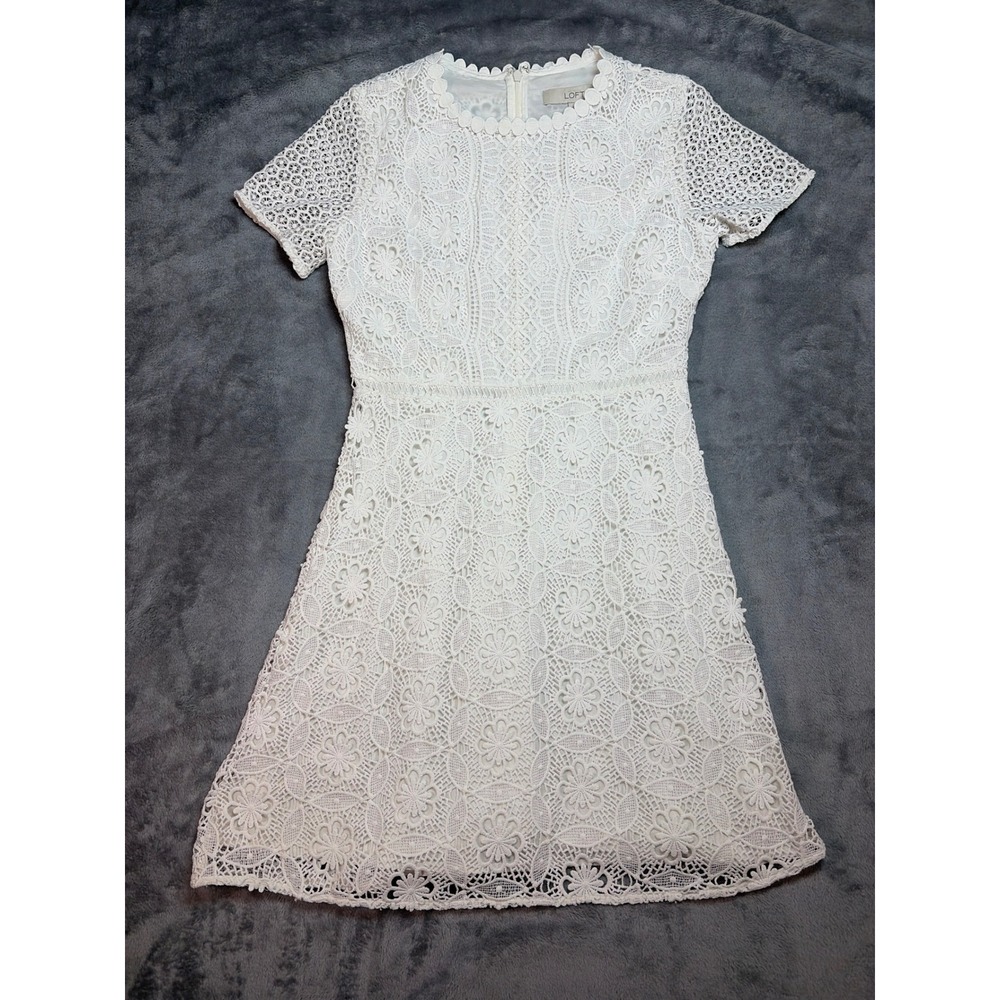 LOFT Petites White Floral Lace Mini Dress Scalloped Neck Short Sleeve 00P 430135